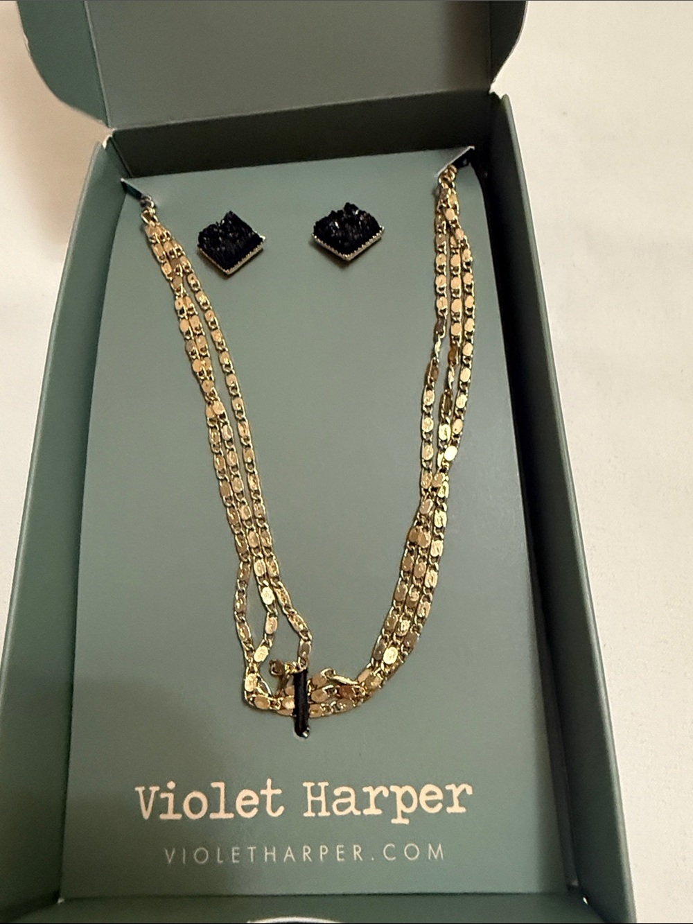 Gold-Tone Multi-Chain Necklace with Black Stone Accent